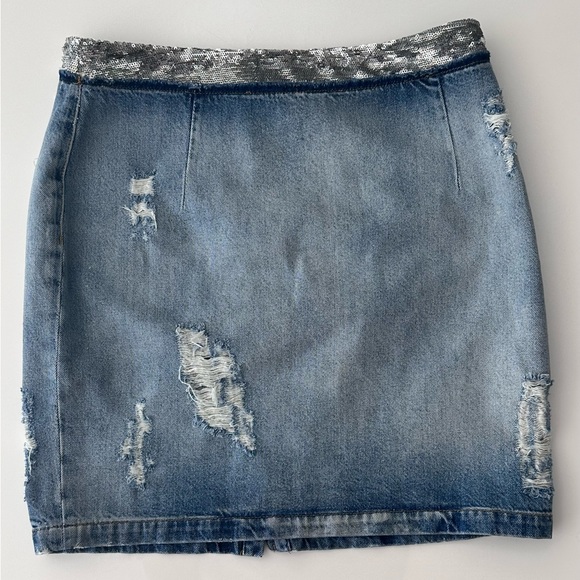 IRO Silver Sequin Waistband Distressed Denim Pencil Skirt Size 10 NWOT - Picture 3 of 10
